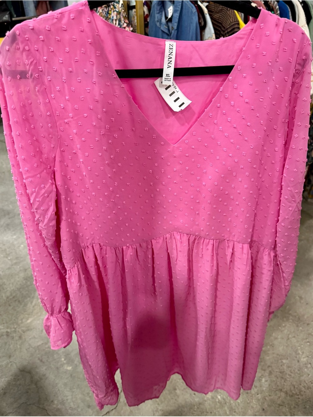 Zenana Outfitters Hot Pink Swiss Dot V-Neck Peasant Dress